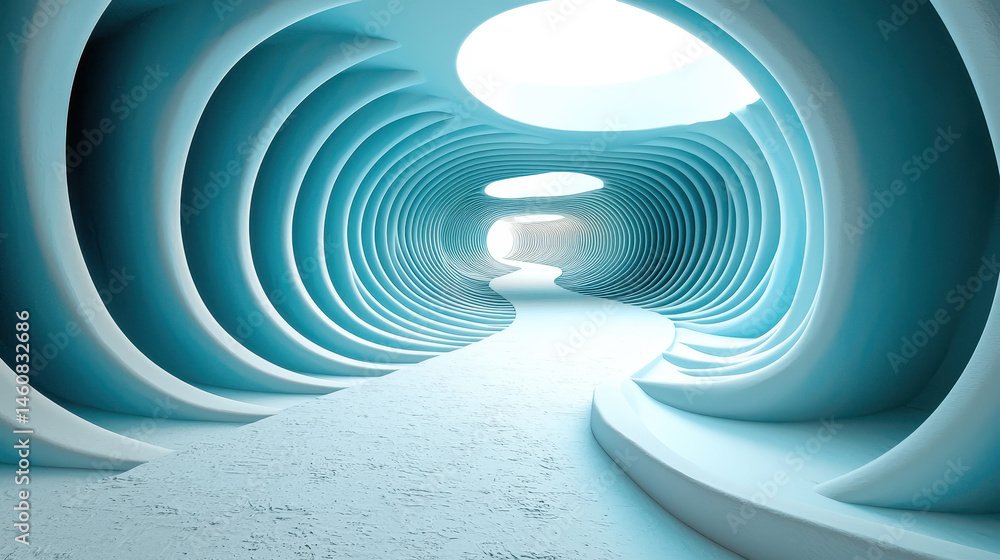 Poster a realistic 4k 3d background features modern designs and a curving tunnel as seen from a side angle 