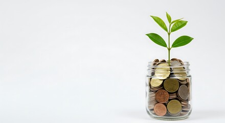 A glass jar filled with coins supports a vibrant green sprout against a white background.