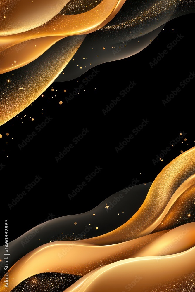 Poster elegant abstract gold waves on black background with glittering particles studio shot for luxury des
