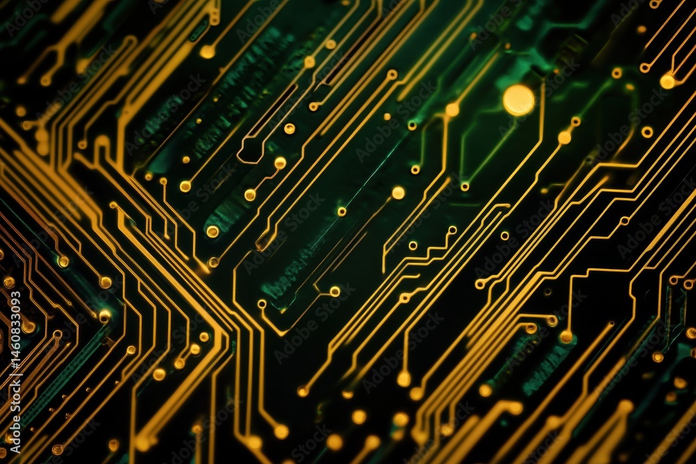 Poster Abstract Close Up of Circuit Board Pattern Golden Lines on Dark Green Background Technology Concept Macro View
