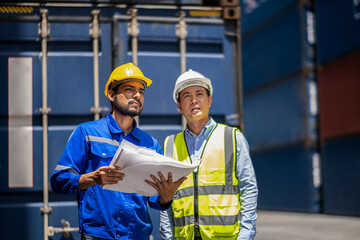Foreman control loading containers box from factory to cargo freight ship. Engineer or worker...