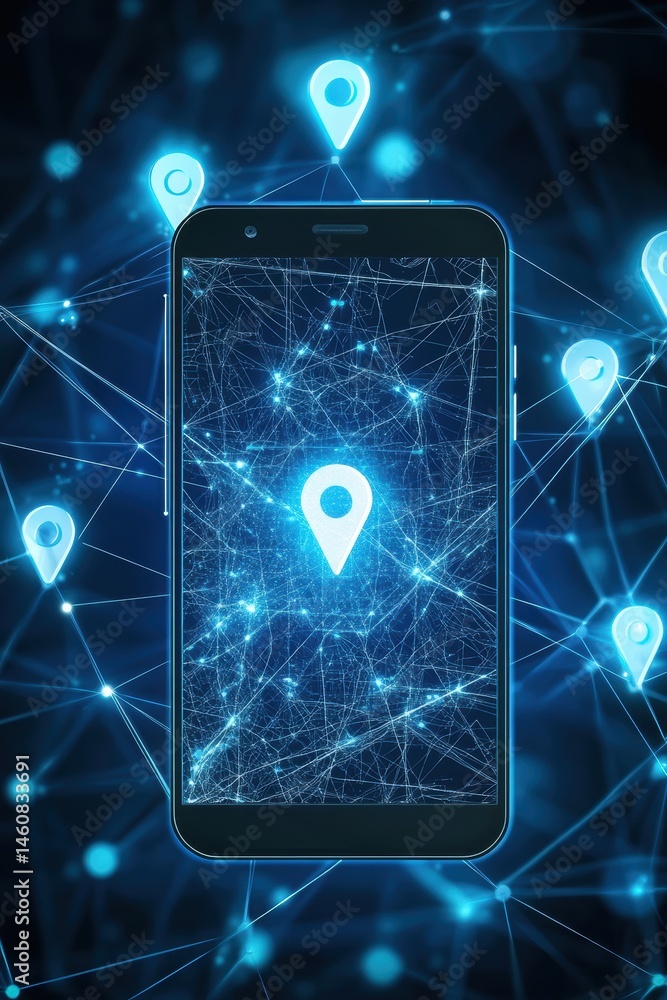 Leinwandbilder Mobile Phone Displaying Location Pins and Network Connections Illustrating Global Positioning System and Connectivity Technology Concept