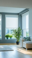 Bright Interior with Modern Furniture and Plants by the Window in a Contemporary Living Room Angle View of a Home