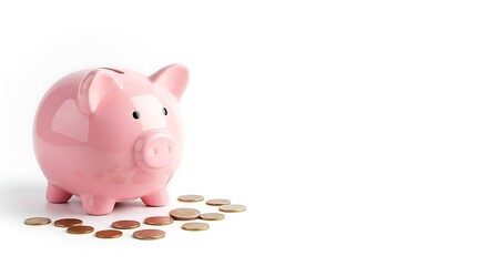 A pink piggy bank stands next to a scattered array of coins on a clean white surface, glossy