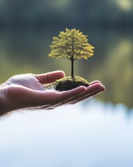 Hand holding small tree with moss, environmental concept, close-up shot, nature background, conservation idea, sustainable future, earth day