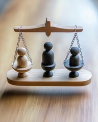 Wooden scale balancing black and white figures on a table top view representing equality and justice concept