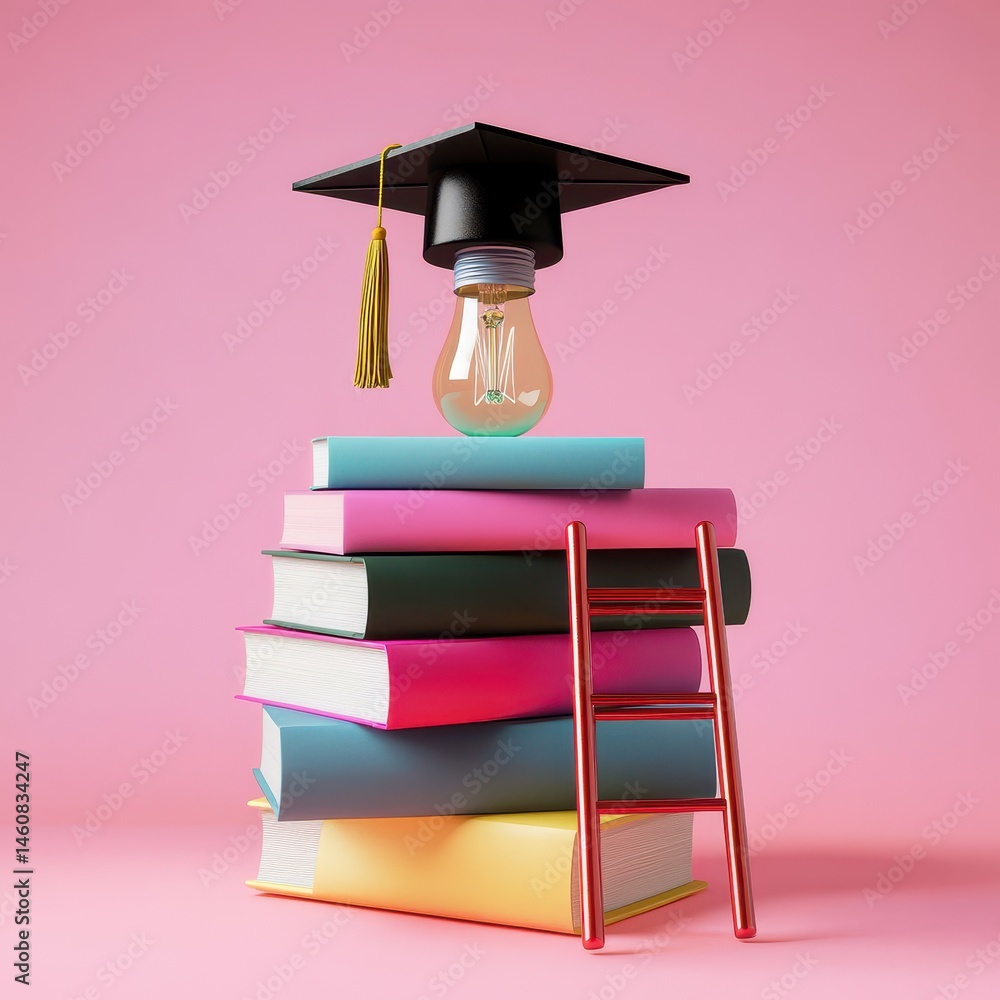 Poster stack of colorful books with graduation cap and lightbulb on pink background studio shot education c