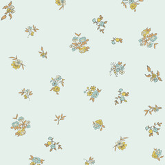 Pastel Yellow and Blue Floral Seamless Pattern for Textile Print for Fabric, Light Elegant Design