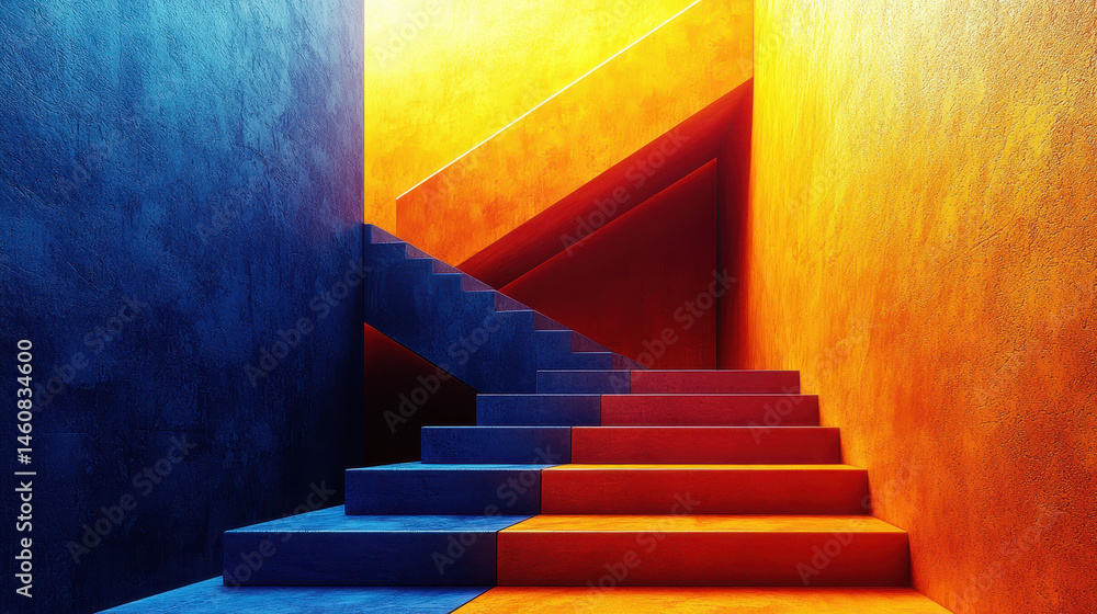 Poster abstract 3d rendered background in 4k displaying a side view of minimalist geometric stairs transiti