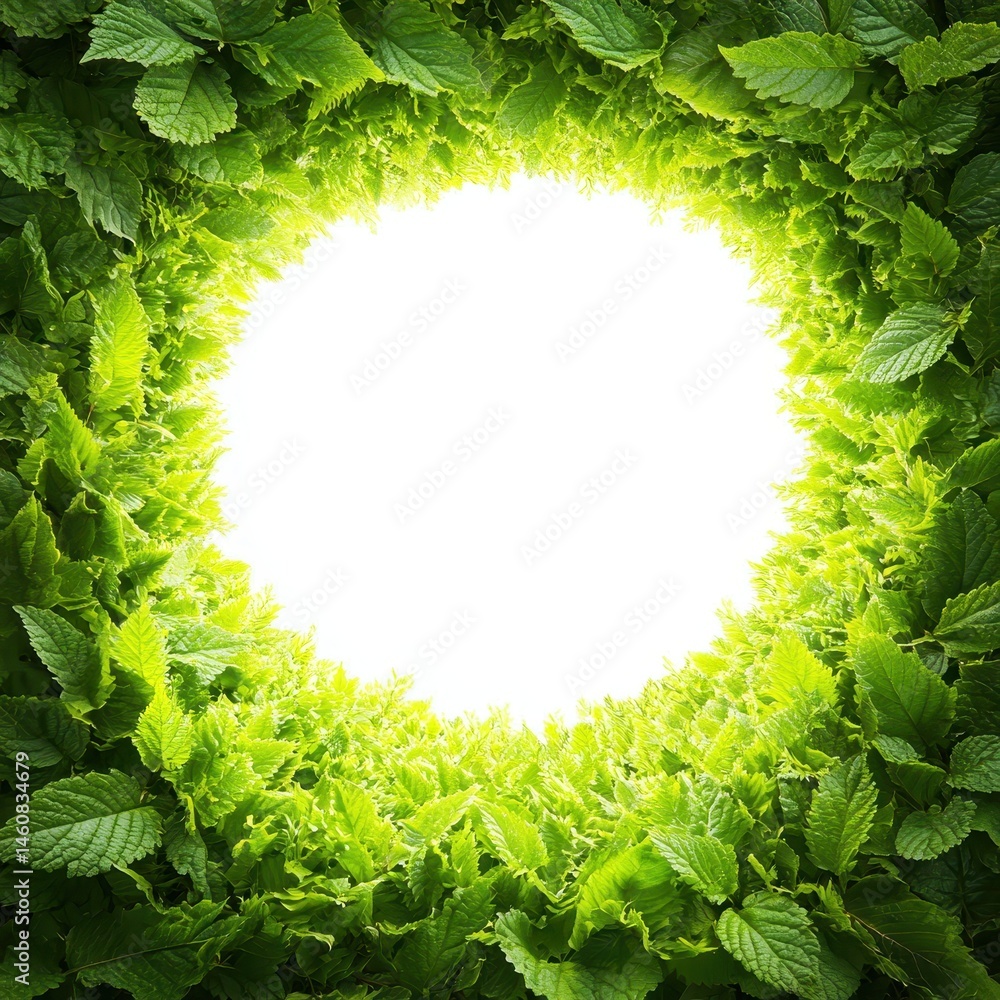 Aufkleber fresh green leaves frame a bright white circle overhead shot ideal for backgrounds and design elemen