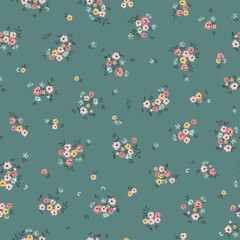 Seamless floral pattern for textile print and fabric, colorful vintage flowers on green background