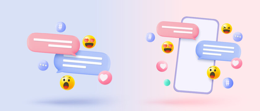 3D speech bubbles on mobile phone with alert notice. Comment 3d or user reply sign, reminder chat message push on social media. 3d speech icon vector with shadow render illustration