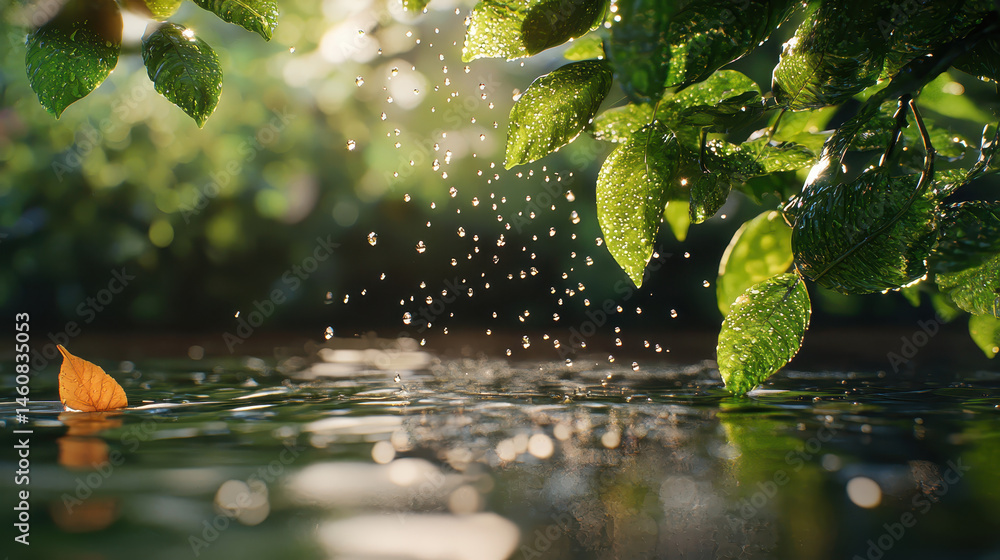 Poster a realistic 4k side angle 3d background art showcasing water droplets falling from lush green foliag