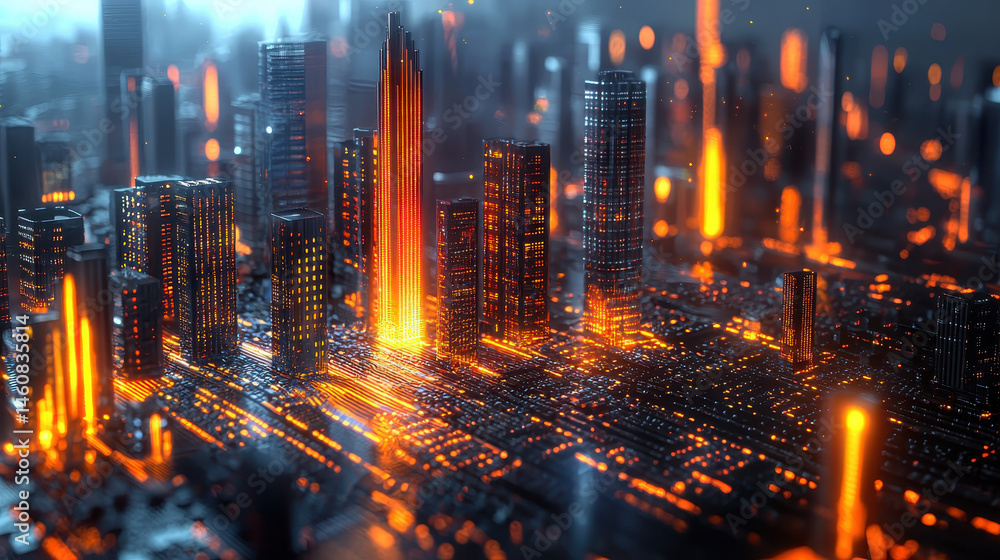 Poster dynamic 3d background depicting abstract cityscape with realistic rende, vibrant orange light reflec