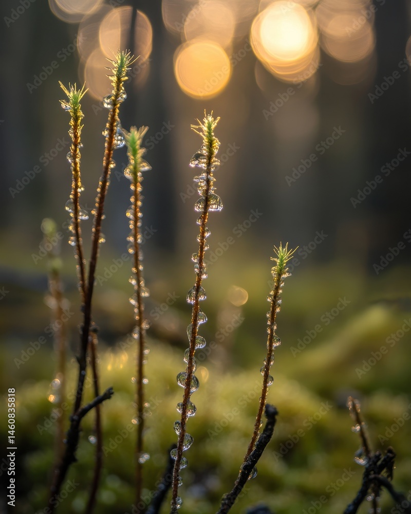Poster moss stalks adorned with dewdrops in a forest setting, close-up shot with bokeh background, nature p