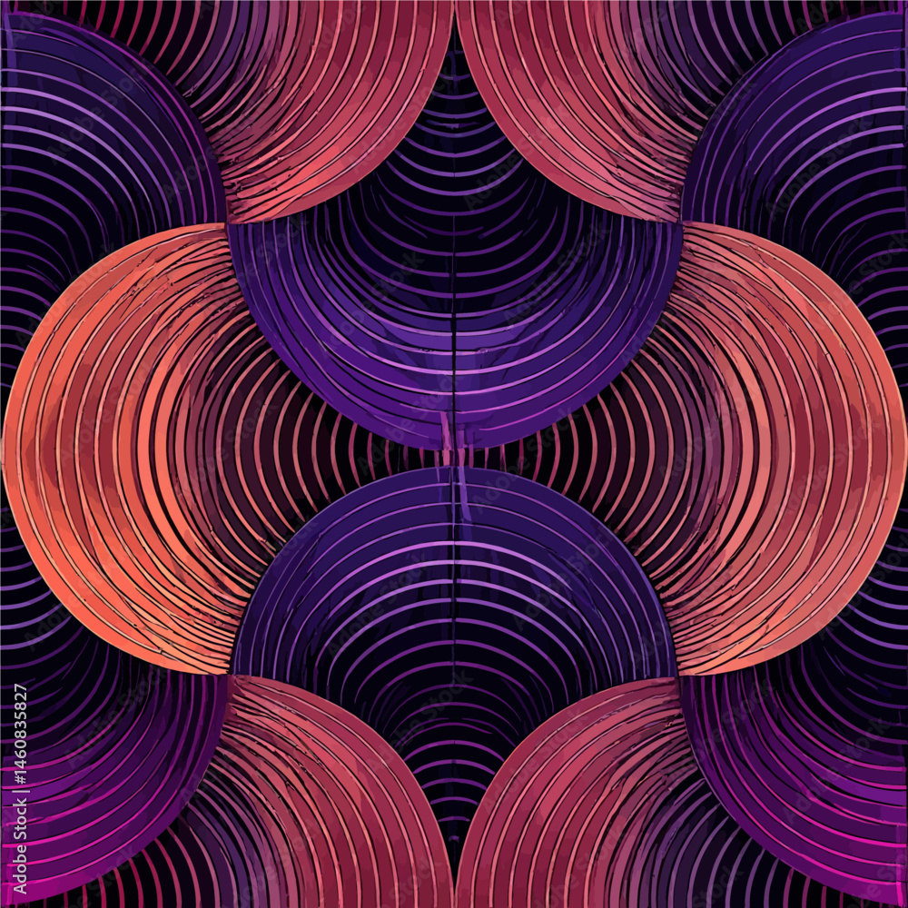 Poster abstract geometric pattern with concentric circles in shades of purple and orange creating a modern 