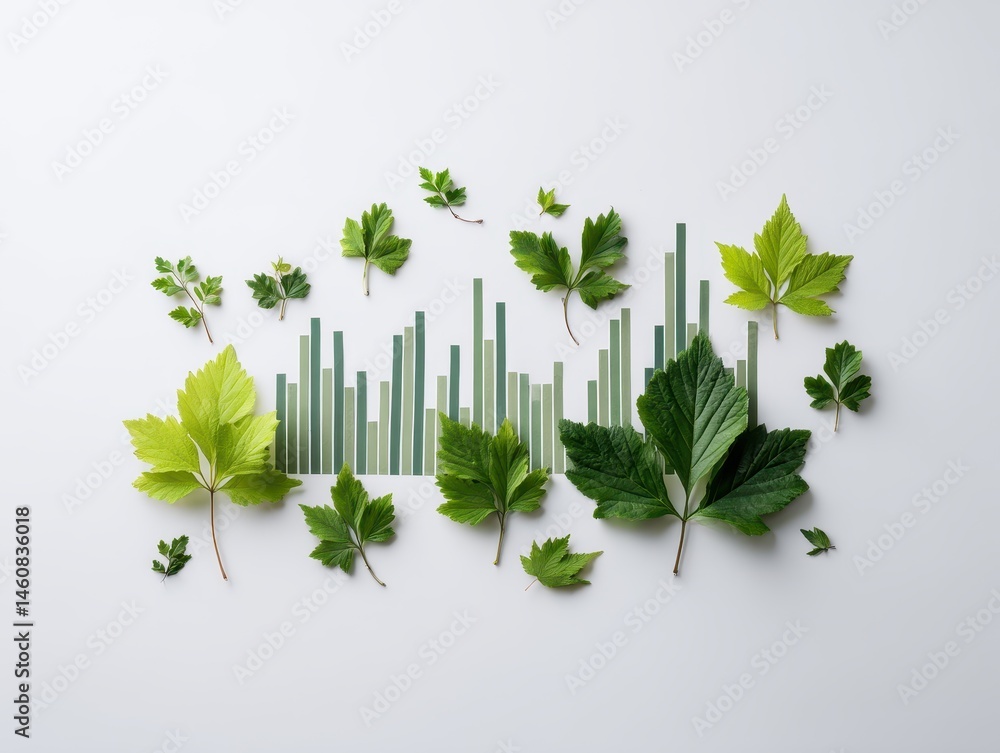 Aufkleber green business growth concept with leaves and bar graph on white background flat lay for environment