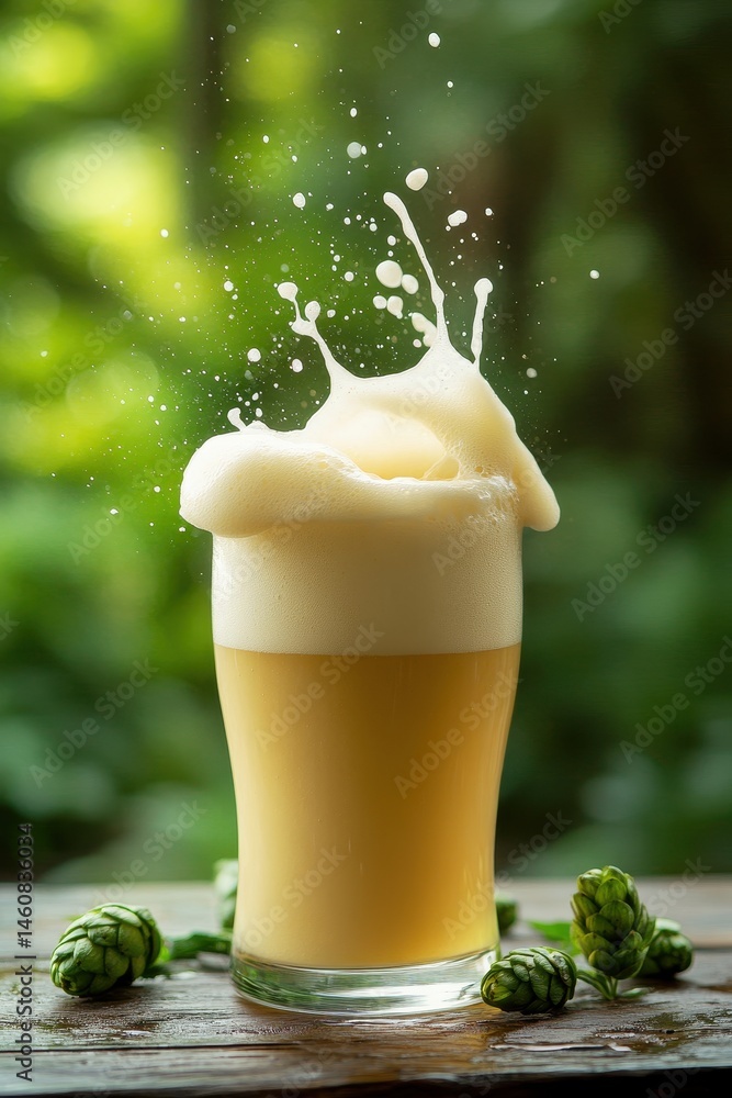 Aufkleber refreshing craft beer with overflowing foam splash served outdoors on wooden table with hops in summ