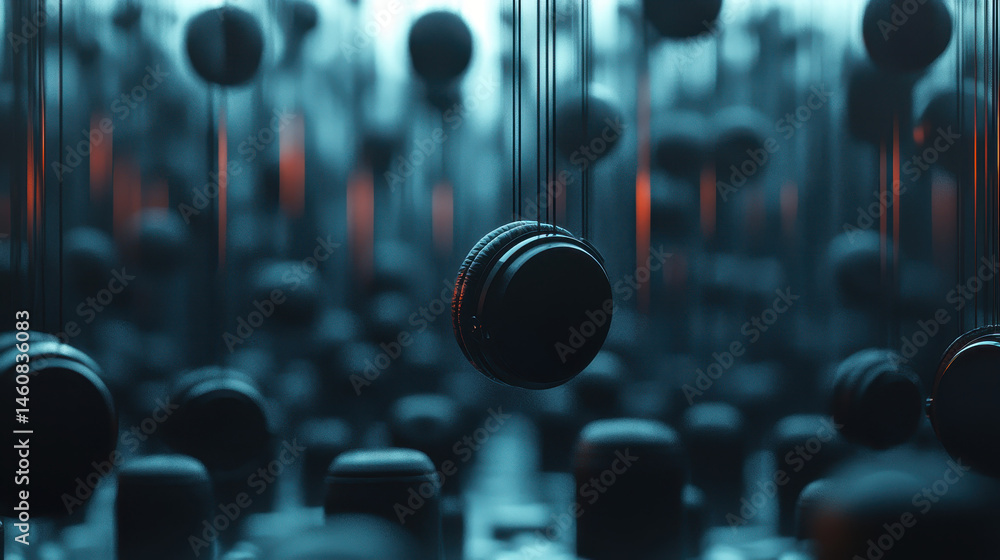 Poster 3d rendered background featu a dynamic arrangement of spherical objects creating a sense of depth an