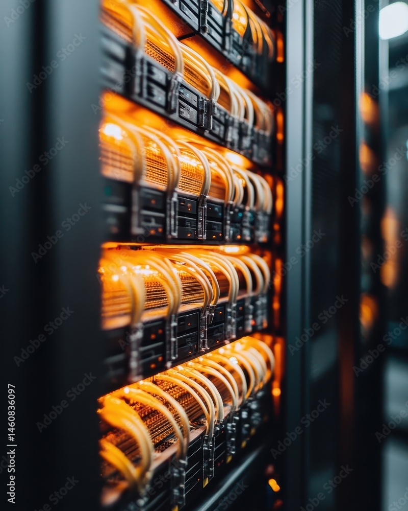 Leinwandbilder Data center server rack with connected cables close up low angle in a modern room for internet technology and information