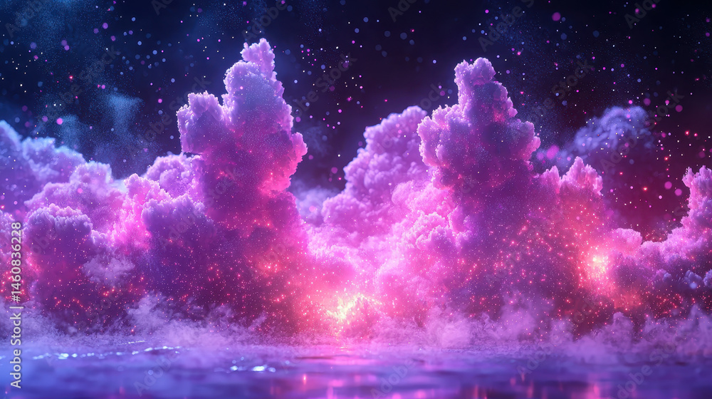 Poster realistic 4k side angle view of a 3d music editing background with vibrant purple clouds and sparkli