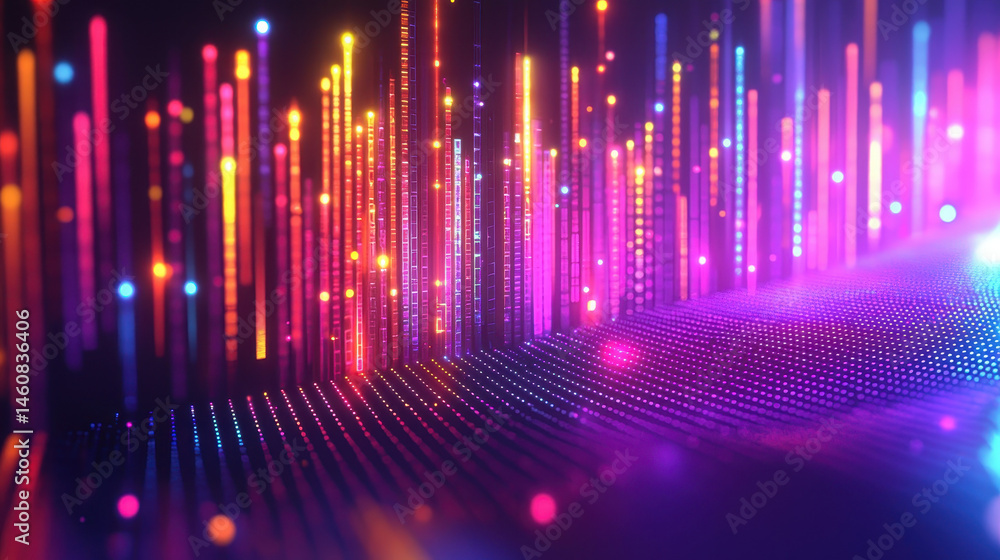 Fototapete A vibrant 4K 3D background featu abstract music graphics with realistic light trails and a wave-like pattern viewed from a side angle creating a modern effect.