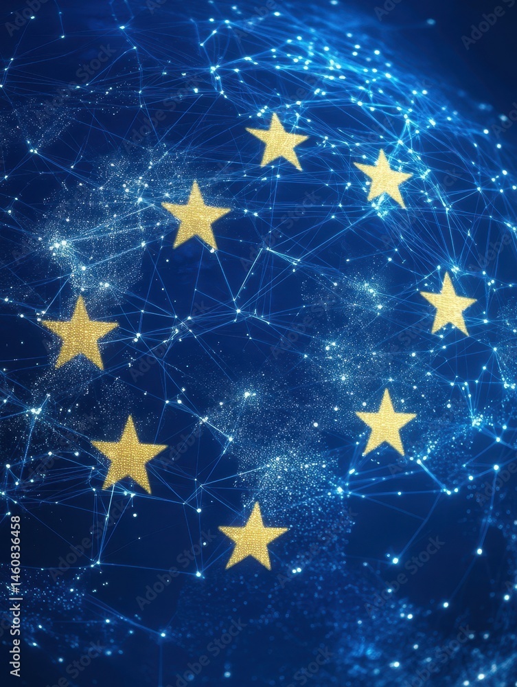 Poster european union digital network concept with golden stars on blue background for technology and innov