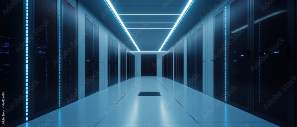 Aufkleber Data Center Server Room Perspective View with Rows of Rack Servers and Neon Lights for Cloud Computing and IT Infrastructure