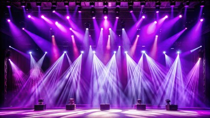 Vibrant purple stage lights illuminate the darkened concert stage, creating an electric atmosphere that sets the tone for an unforgettable performance, purple stage lights, live show