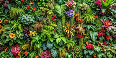 A lush tropical garden wall covered in vibrant greenery and colorful exotic flowers, foliage