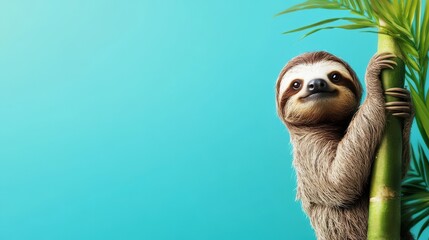 Fototapeta premium Playful sloth hanging on bamboo, adorable chilled animal in vibrant setting, perfect for wildlife themes and casual designs.