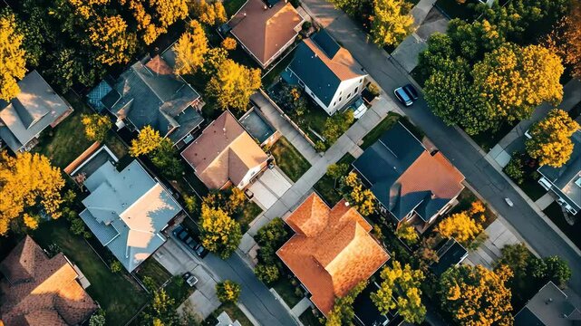 Aerial view of suburban houses in Minnesota showcasing unique architecture and greenery, Moving aerial shot capturing suburb houses at Minnesota, USA during afternoon