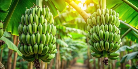 Green bananas hanging from tree branches