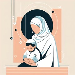 A minimalist and stylish digital illustration of a mother and child