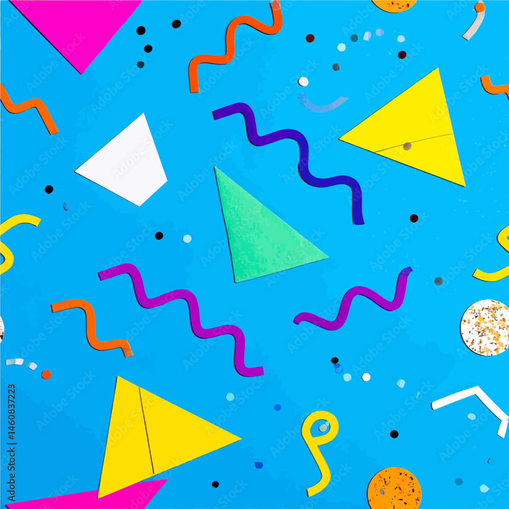 Poster bright and colorful 90s themed party background with geometric shapes and confetti creating a fun ce