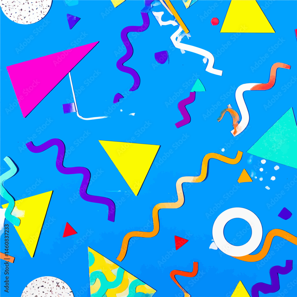Poster bright and colorful 90s inspired background with geometric shapes and confetti creating a fun vibran