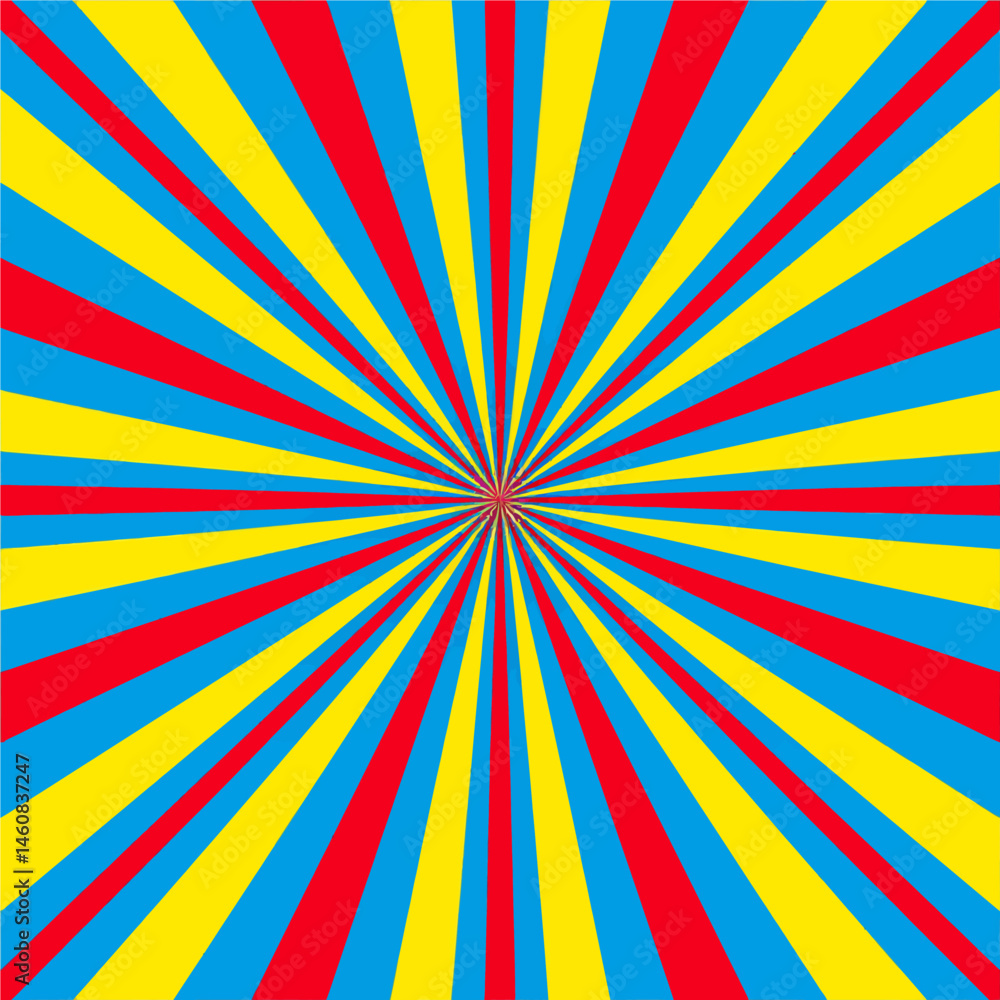 Poster bright sunburst background with red yellow and blue rays creating a dynamic retro style design