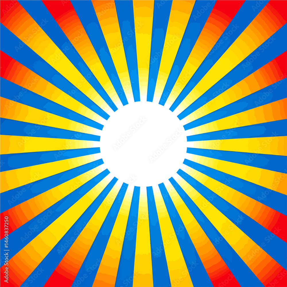 Aufkleber bright sunburst background with vibrant colors and a blank white circle for customized message or de