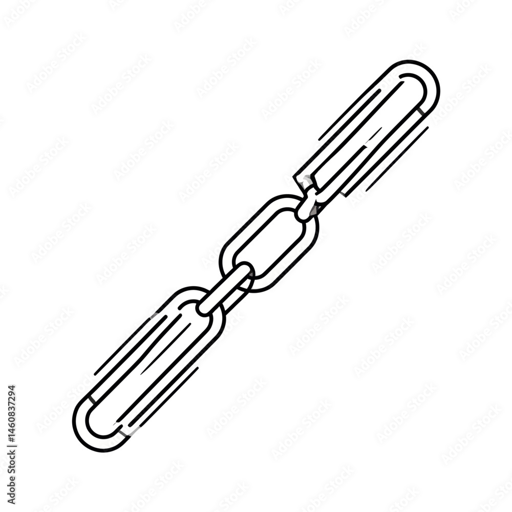 Poster broken chain link symbolizes vulnerability and weakness in a black and white line art design depicti