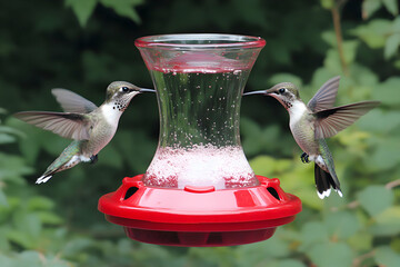 Two Hummingbirds Feeding From Red