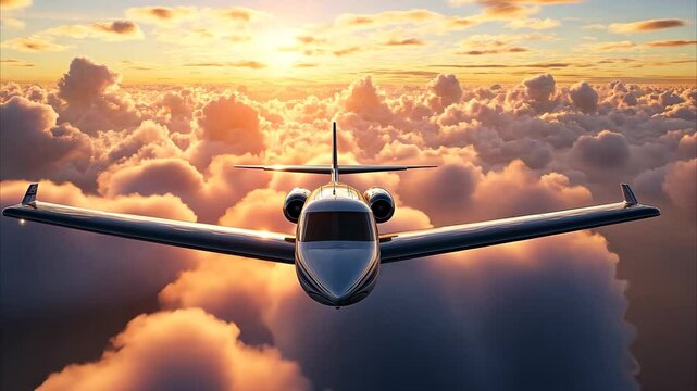 Breathtaking flight over lush cumulus clouds during sunset with vibrant colors in the sky, Beautiful realistic flight over cumulus lush clouds at sunset