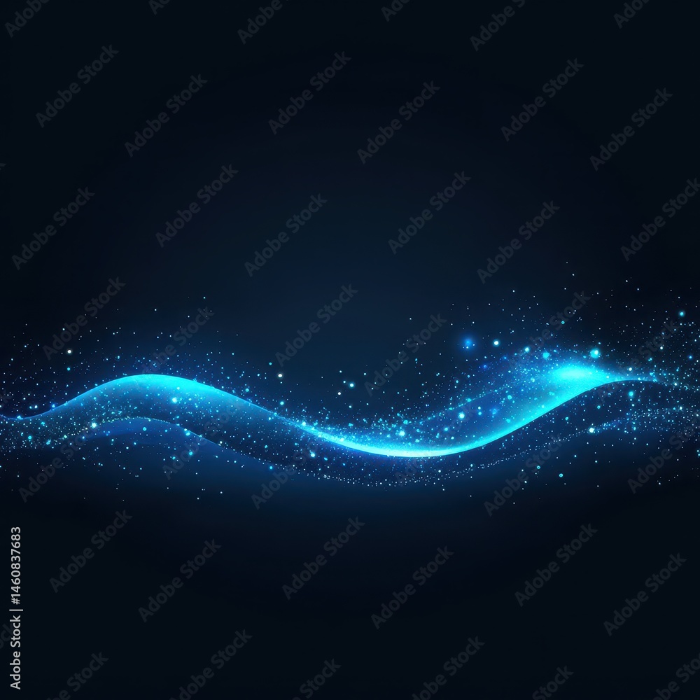 Poster abstract blue light wave glittering on dark background digital illustration graphic design element