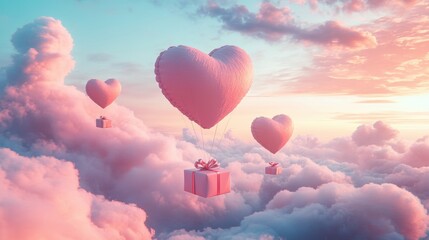 Fototapeta premium A Box flying on a parachute with pink cloud in valentine day,package flying down from sky and cloud with parachute, concept for delivery service,shopping online,air delivery service.