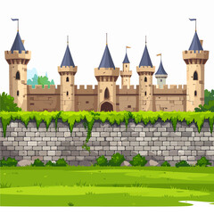 Cartoon Castle with Towers and Stone Walls Surrounded by Greenery for Children's Illustration and Fantasy Themes