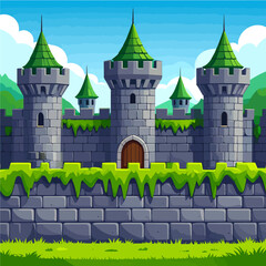 Cartoon medieval castle with green roofs and stone walls offers a whimsical fairytale fantasy background for children's stories and games