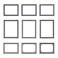 Collection of blank postage stamp frames with decorative borders for design and artwork projects, ideal for scrapbooking and creative applications