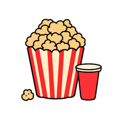 Illustration of snacks a popcorn and drink, is good as a sticker, logo, or icon with a white background.