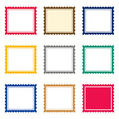 Collection of colorful postage stamp frames in various colors for graphic design projects and creative layouts
