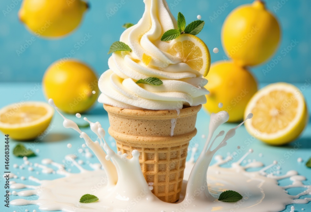 Poster refreshing lemon soft serve ice cream in a waffle cone with splashes of milk