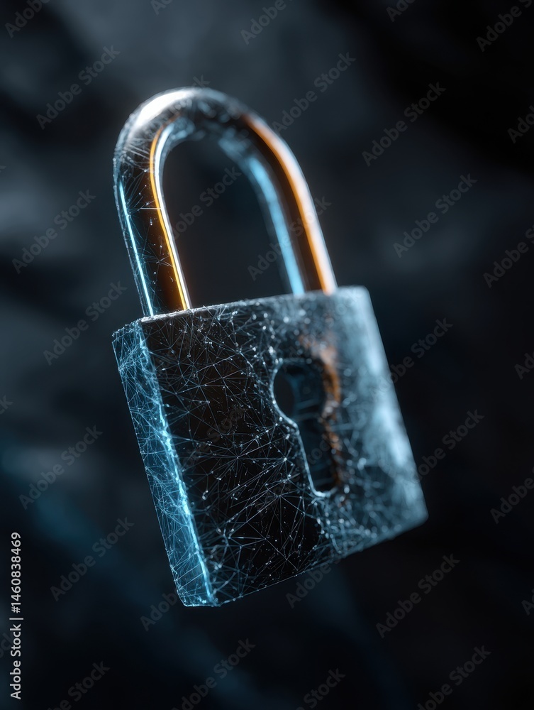 Aufkleber Close up of a metallic padlock with digital web overlay floating in dark space security concept